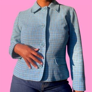 Vintage blue and plaid button-up cropped blazer.